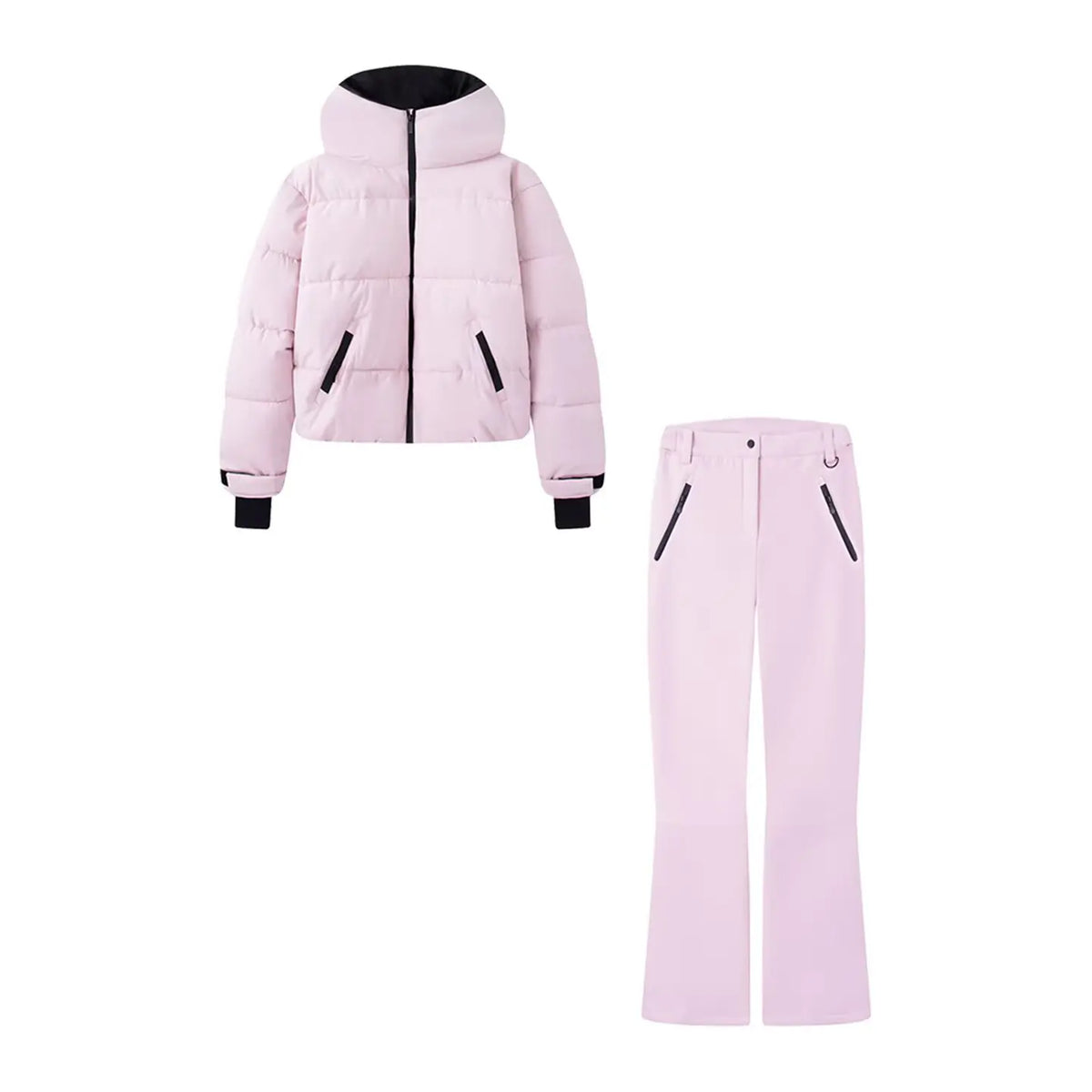 Traje de Esquí de Dos Piezas: Chaqueta Acolchada Crop con Capucha y Pantalón Ajustado - Rosa Pasteles