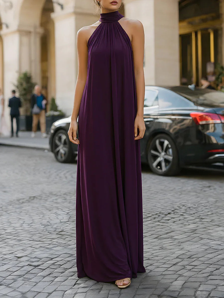 Vestido Largo de Fiesta Cuello Halter con Capa de Gasa