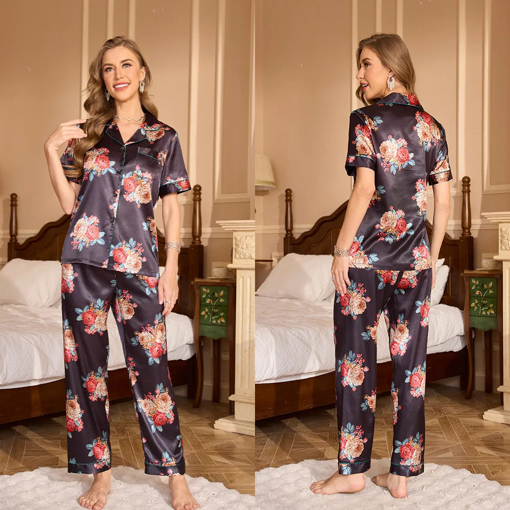 Alurea™ | Pijama de Satén de Dos Piezas con Estampado Floral y Camisa de Manga Corta