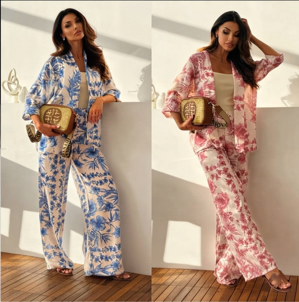 Conjunto de dos piezas "Riviera Chic" - Estampado Floral con Blusa y Pantalón Ancho