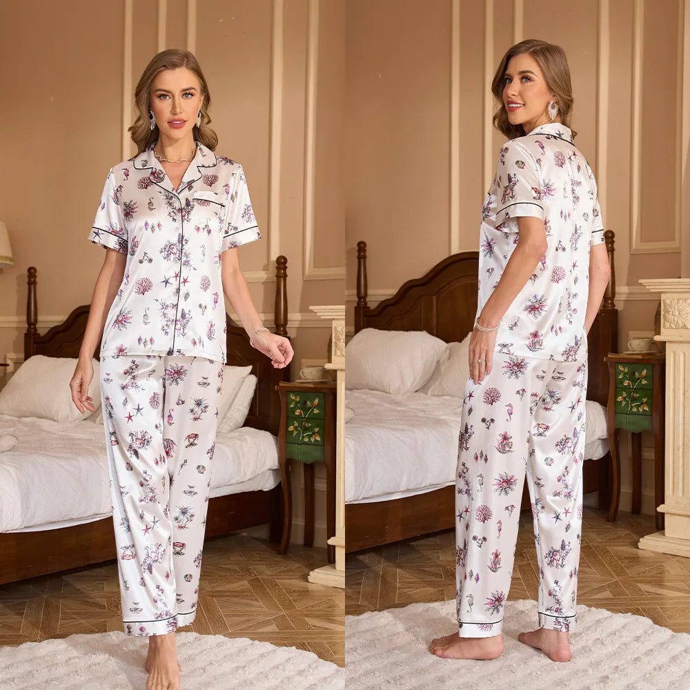 Alurea™ | Pijama de Satén de Dos Piezas con Estampado Floral y Camisa de Manga Corta