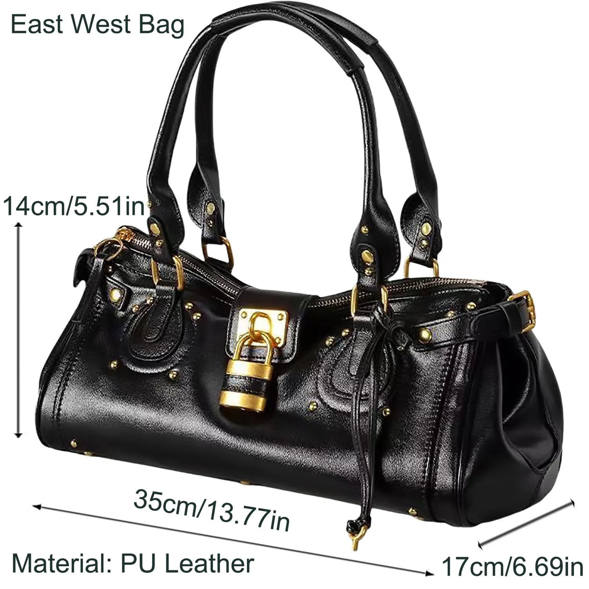 Bolso de Hombro de Piel en Negro con Candado Dorado y Tachuelas