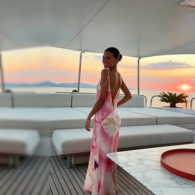 Vestido Largo Satinado Estampado para Mujer – Elegancia y Estilo Veraniego