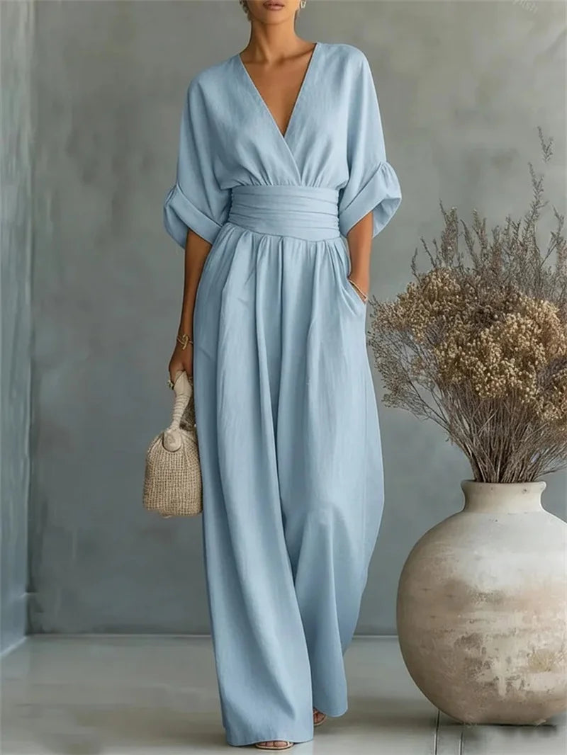 MONO LARGO ELEGANCE™ BY ALUREA - MONO BLANCO DE LINO CON CINTURA ENTALLADA