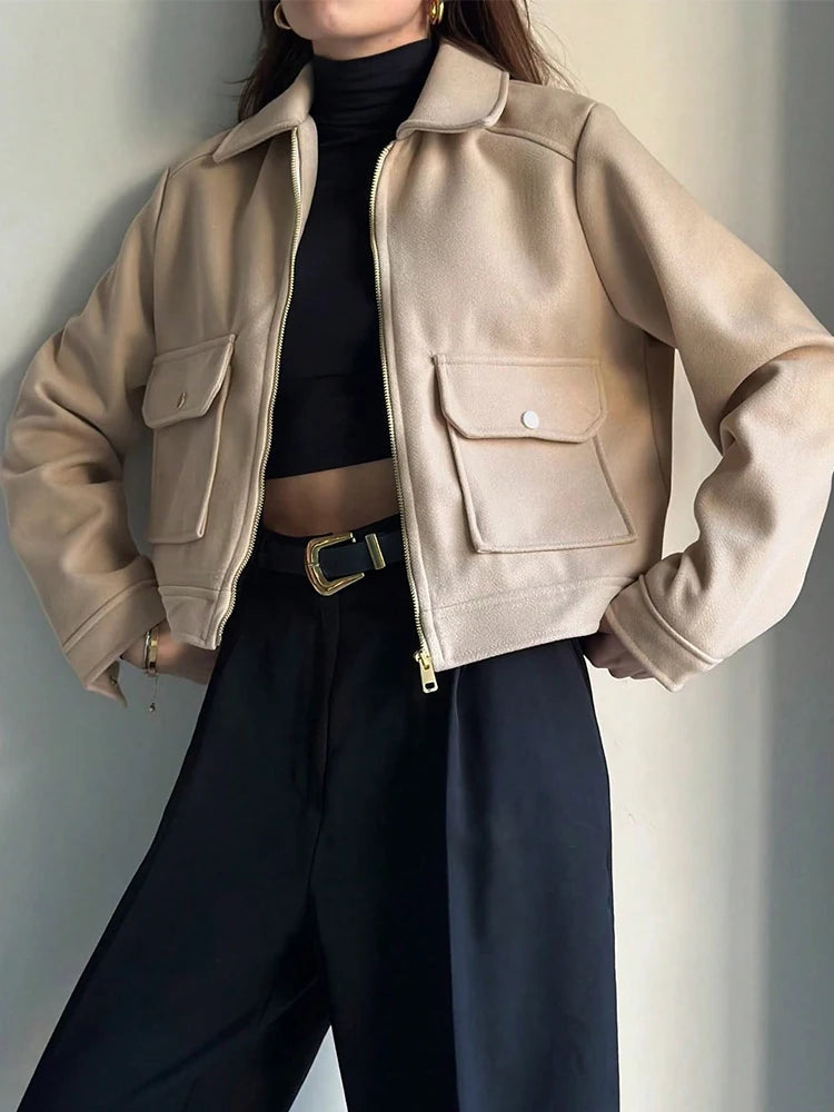 Chaqueta Corta Casual con Bolsillos de Solapa