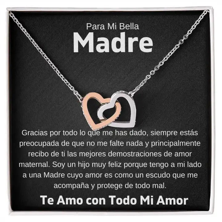 Título sugerido Collar "Para Mi Bella Madre" – Dos Corazones Entrelazados con Caja Elegante y Tarjeta Dedicatoria
