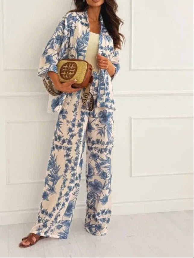 Conjunto de dos piezas "Riviera Chic" - Estampado Floral con Blusa y Pantalón Ancho