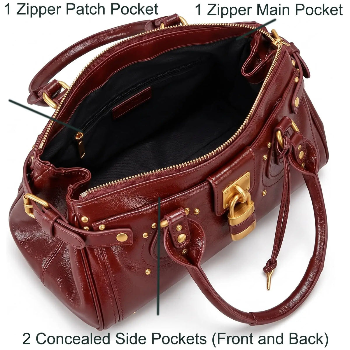 Bolso de Hombro de Piel en Negro con Candado Dorado y Tachuelas