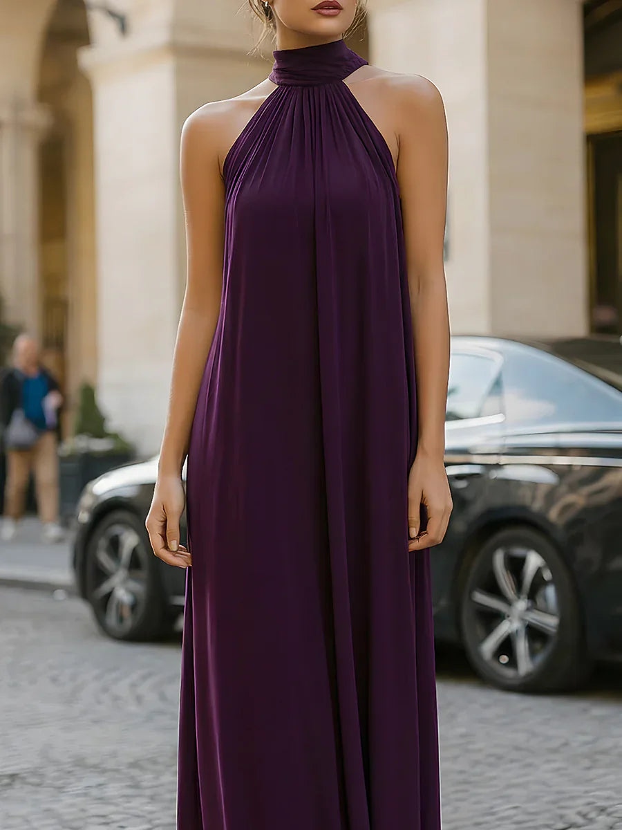 Vestido Largo de Fiesta Cuello Halter con Capa de Gasa