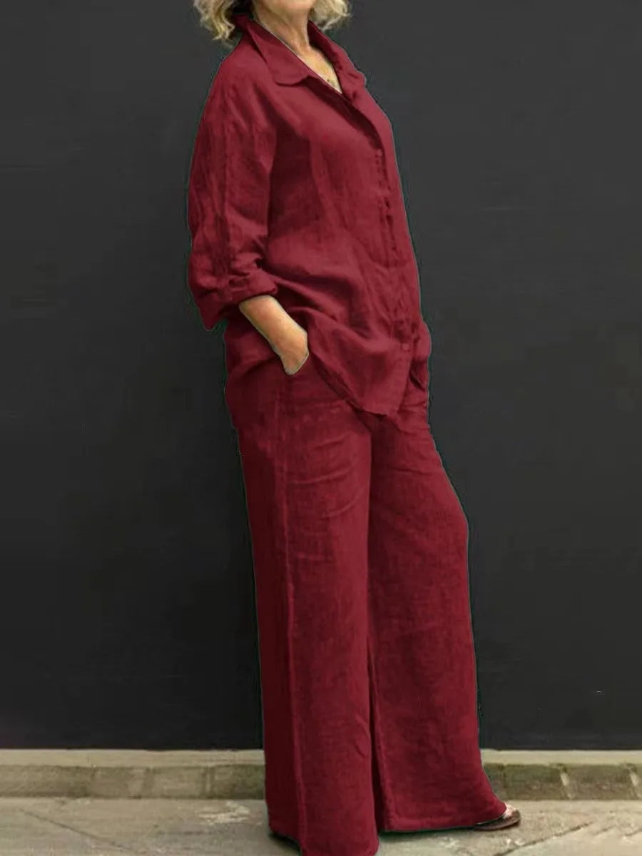 Conjunto Dos Piezas Burdeos – Camisa Fluida y Pantalón Ancho Palazzo
