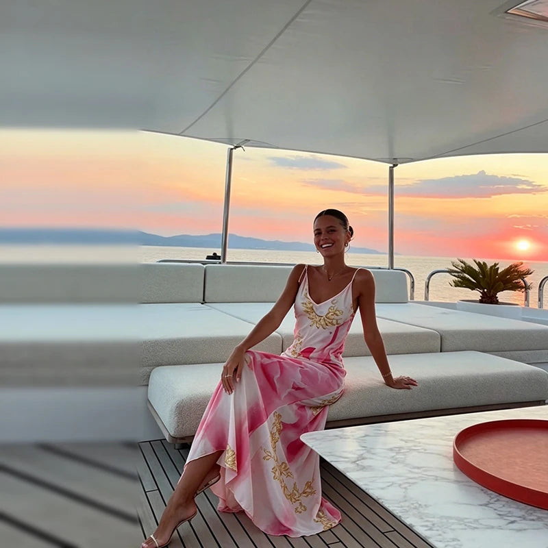Vestido Largo Satinado Estampado para Mujer – Elegancia y Estilo Veraniego
