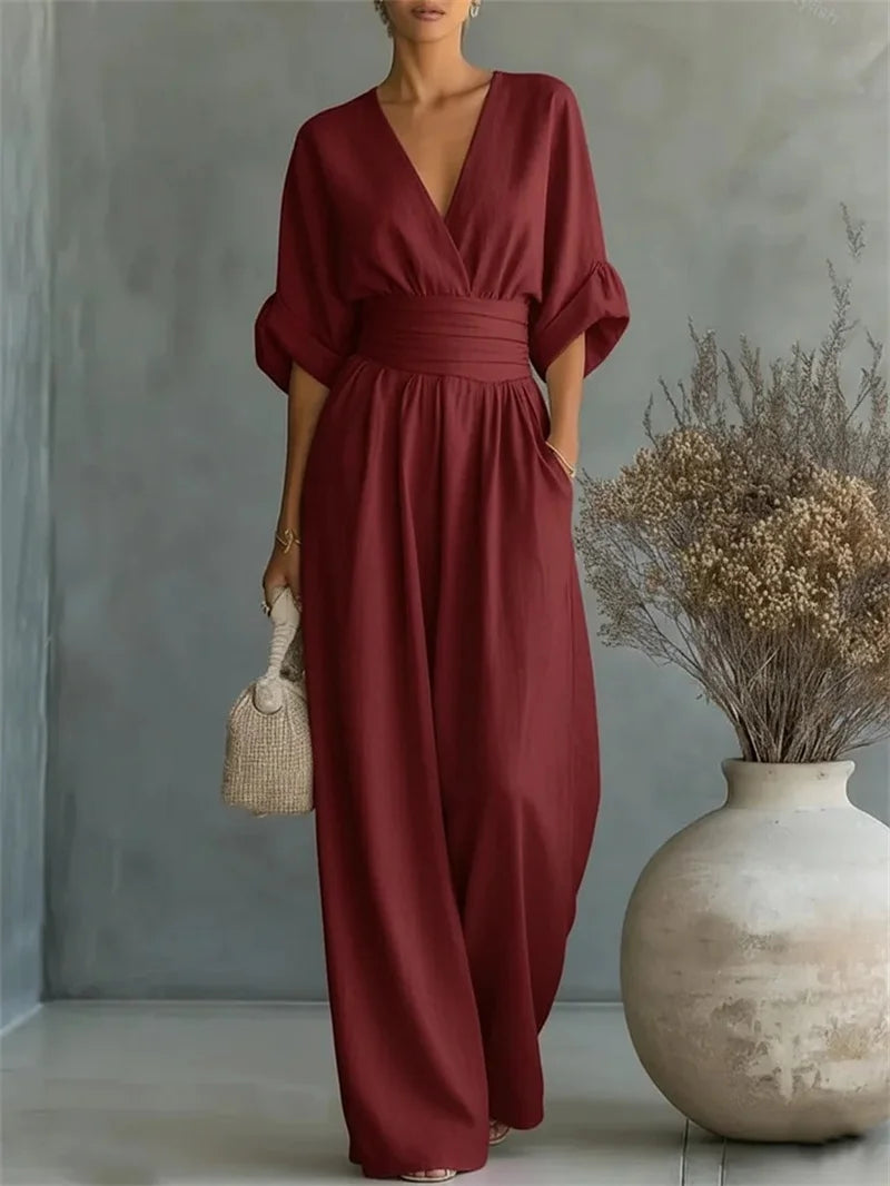 MONO LARGO ELEGANCE™ BY ALUREA - MONO BLANCO DE LINO CON CINTURA ENTALLADA
