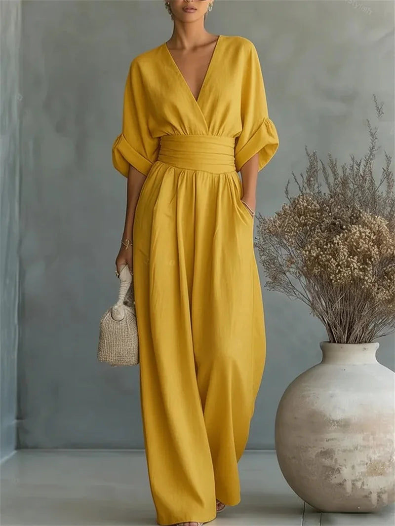 MONO LARGO ELEGANCE™ BY ALUREA - MONO BLANCO DE LINO CON CINTURA ENTALLADA