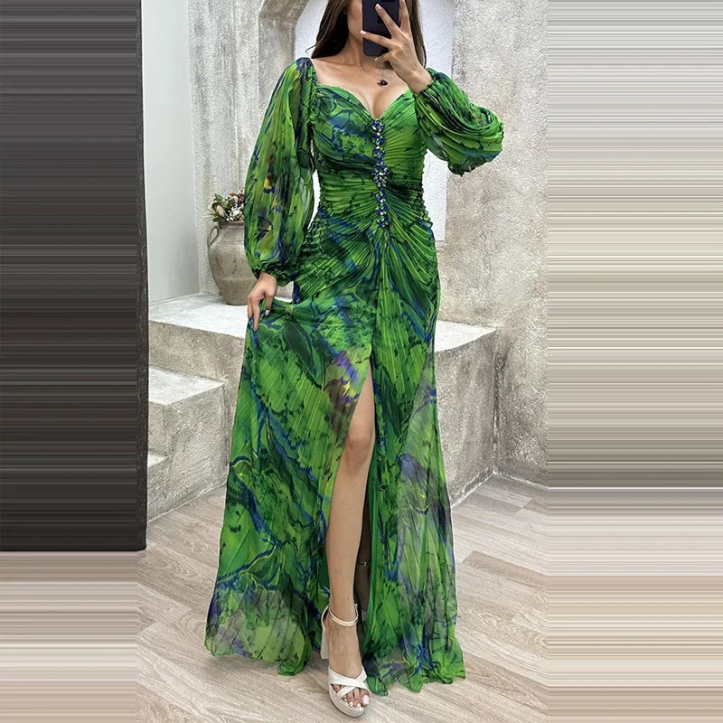 Gregoria™ | Vestido Largo Plisado con Estampado Floral y Escote en V