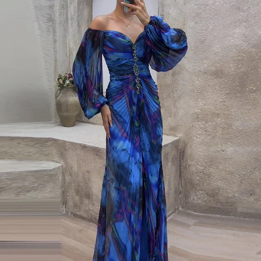 Gregoria™ | Vestido Largo Plisado con Estampado Floral y Escote en V