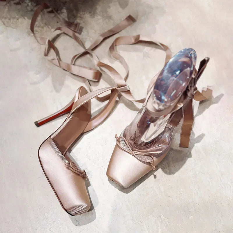 Zapatos de Tacón Alto Estilo Bailarina con Lazos Entrelazados "Alurea"