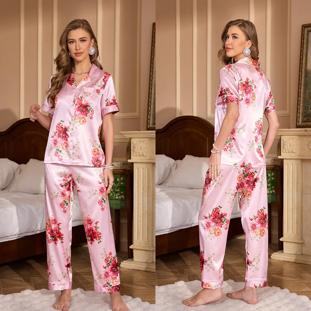 Alurea™ | Pijama de Satén de Dos Piezas con Estampado Floral y Camisa de Manga Corta