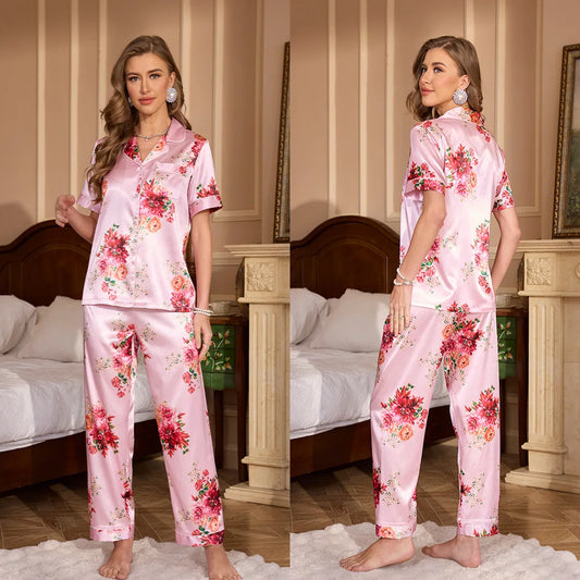 Alurea™ | Pijama de Satén de Dos Piezas con Estampado Floral y Camisa de Manga Corta