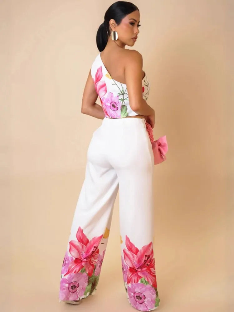 Conjunto Dos Piezas, Top Asimétrico, Top Un Hombro, Estampado Floral, Pantalón Pernera Ancha / Palazzo
