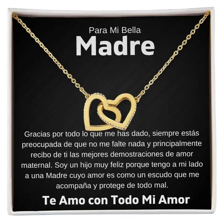 Título sugerido Collar "Para Mi Bella Madre" – Dos Corazones Entrelazados con Caja Elegante y Tarjeta Dedicatoria