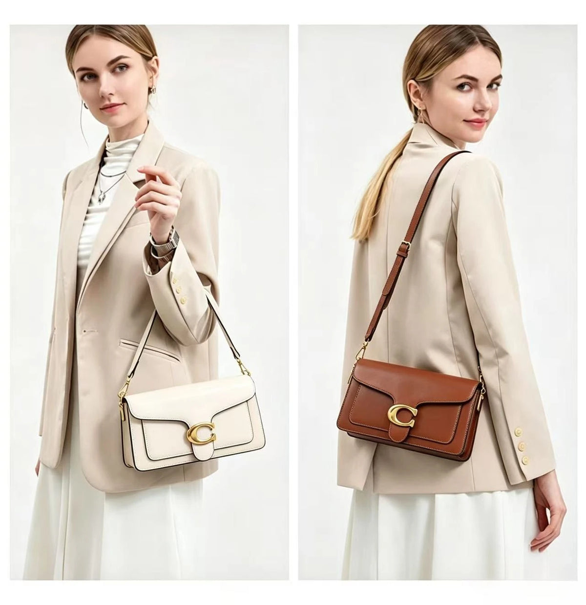 Bolso Bandolera y de Mano Classic White con Cierre Dorado