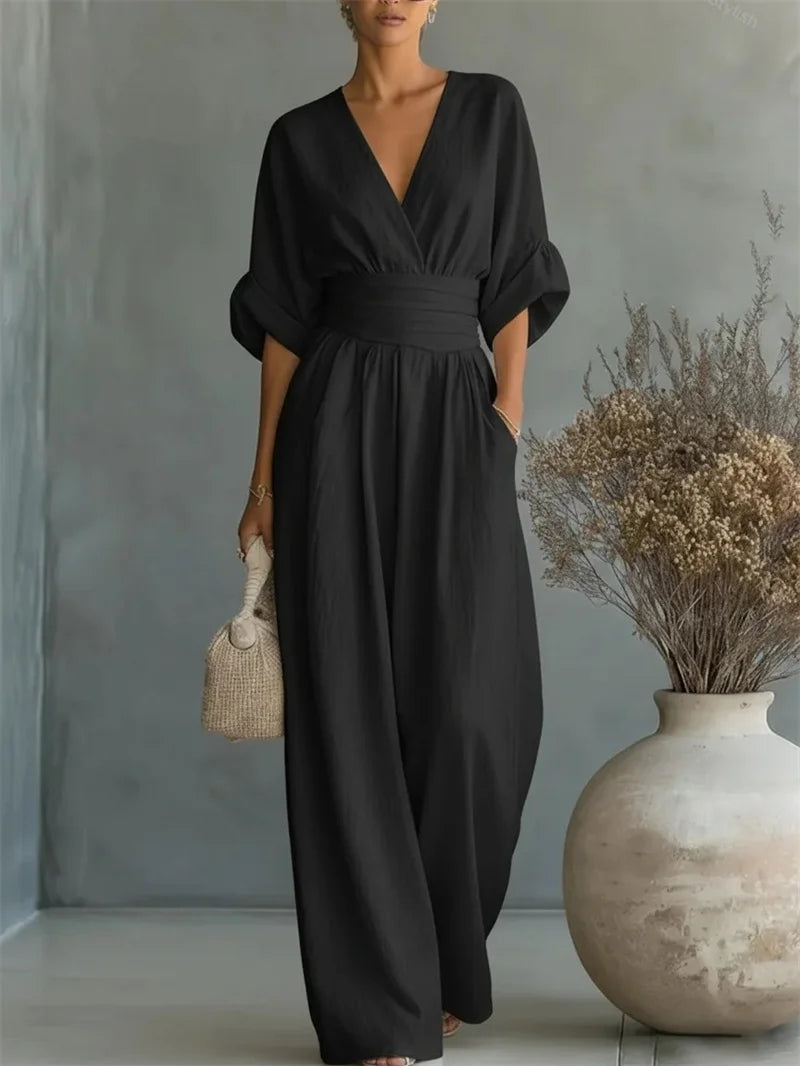 MONO LARGO ELEGANCE™ BY ALUREA - MONO BLANCO DE LINO CON CINTURA ENTALLADA