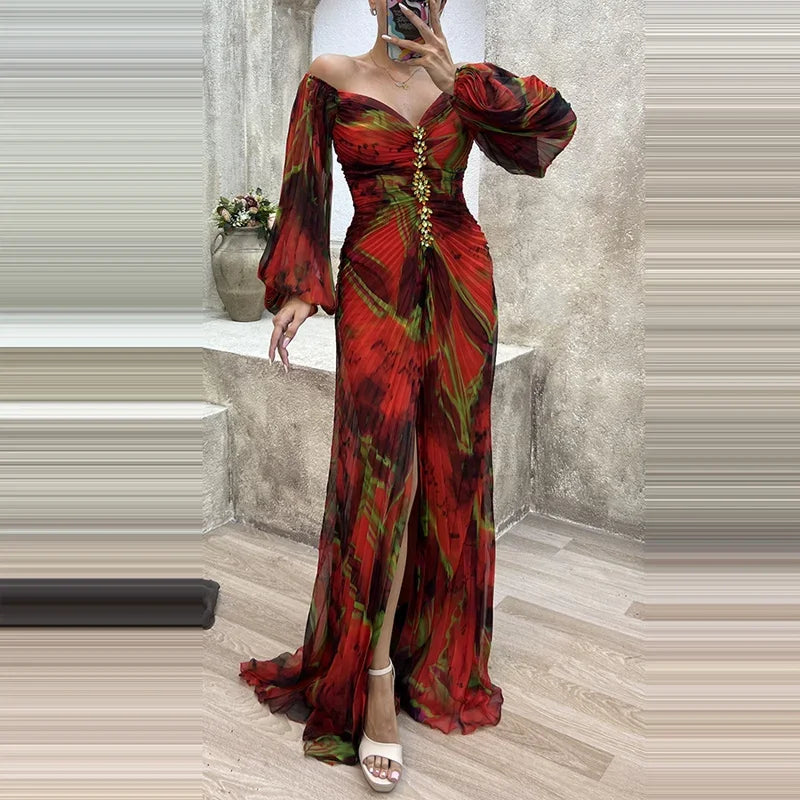 Gregoria™ | Vestido Largo Plisado con Estampado Floral y Escote en V