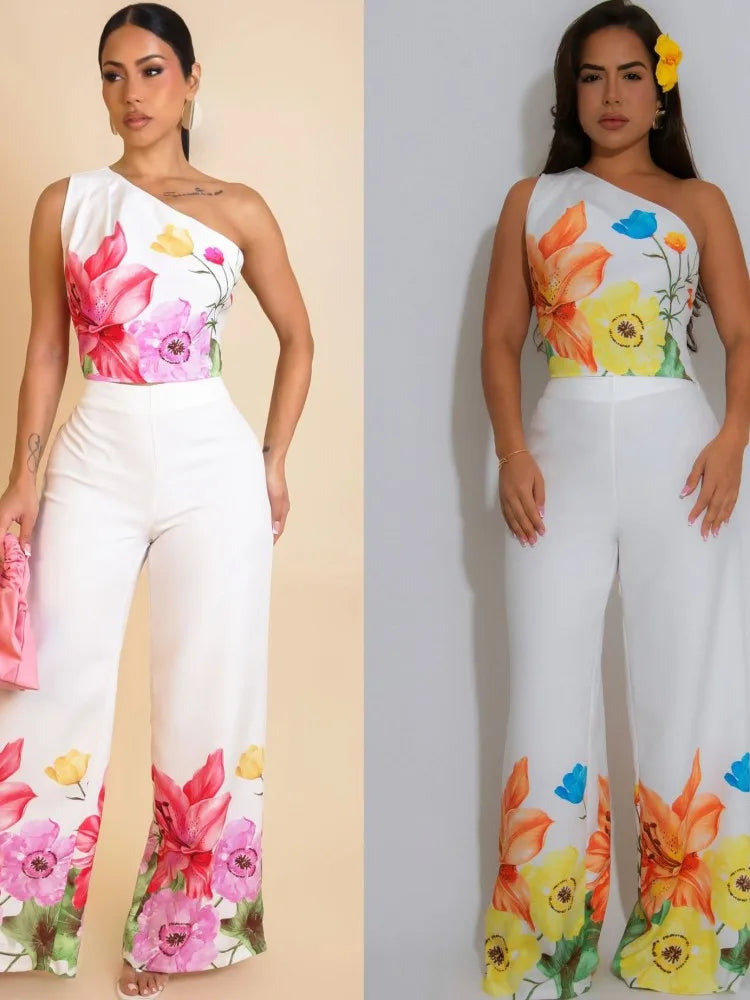 Conjunto Dos Piezas, Top Asimétrico, Top Un Hombro, Estampado Floral, Pantalón Pernera Ancha / Palazzo