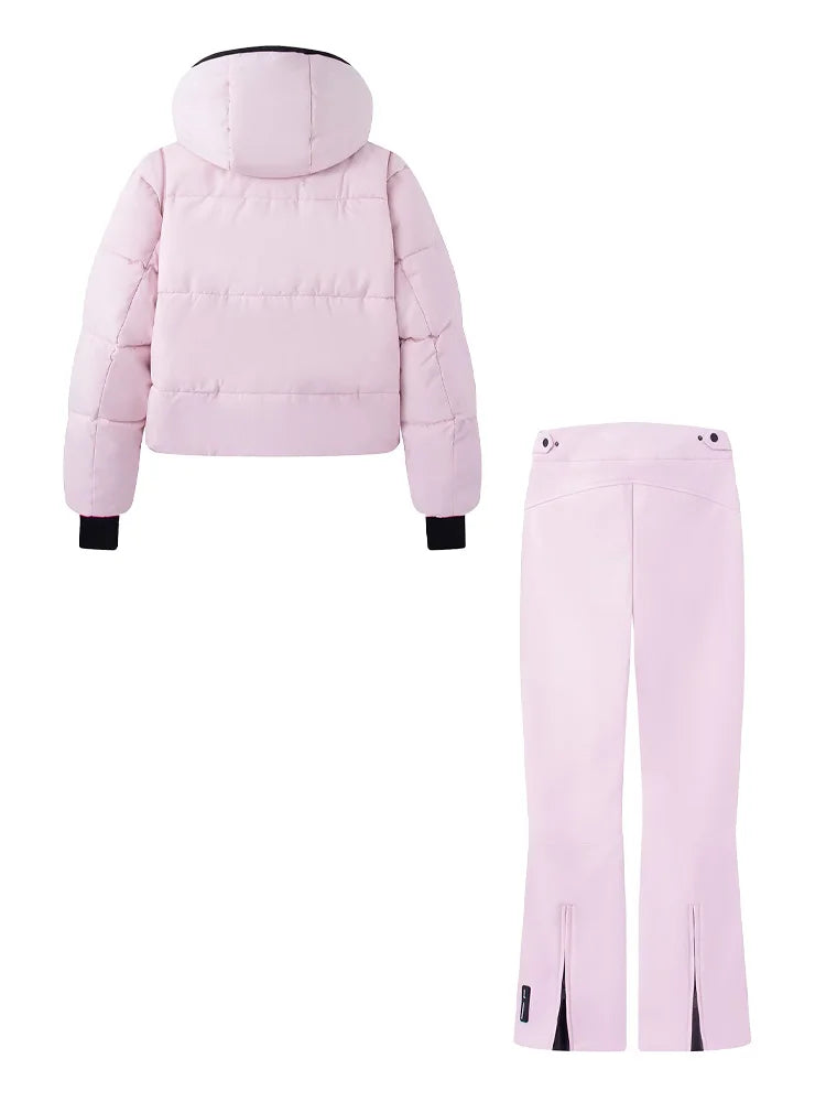 Traje de Esquí de Dos Piezas: Chaqueta Acolchada Crop con Capucha y Pantalón Ajustado - Rosa Pasteles