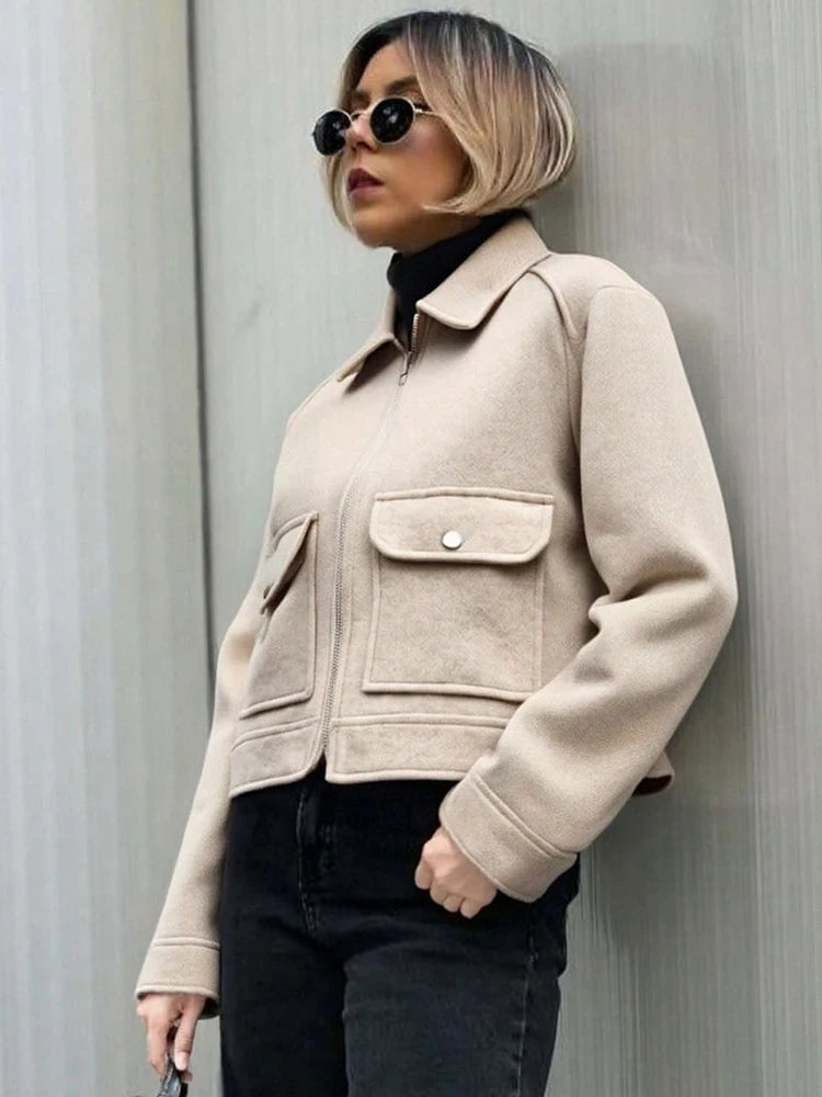 Chaqueta Corta Casual con Bolsillos de Solapa