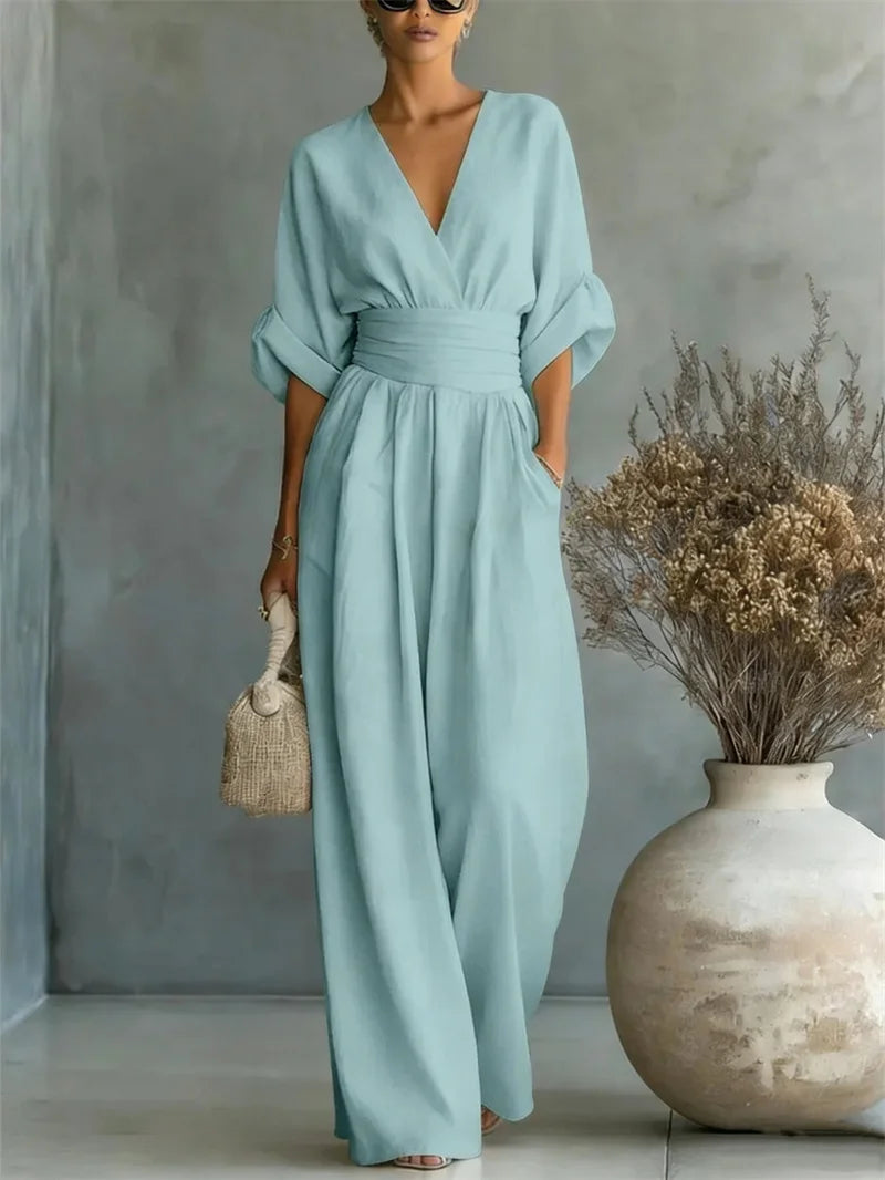 MONO LARGO ELEGANCE™ BY ALUREA - MONO BLANCO DE LINO CON CINTURA ENTALLADA