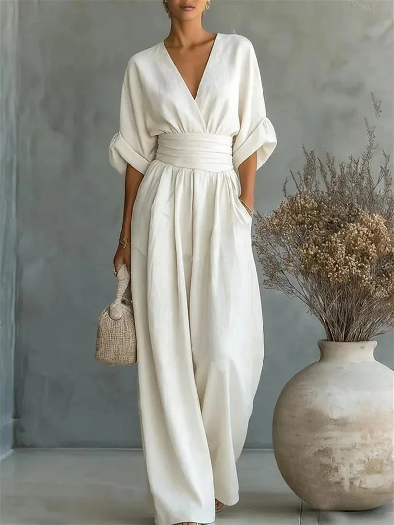 MONO LARGO ELEGANCE™ BY ALUREA - MONO BLANCO DE LINO CON CINTURA ENTALLADA