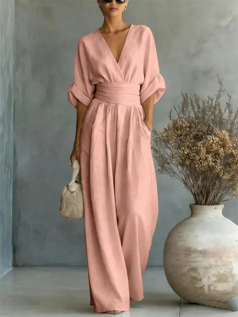 MONO LARGO ELEGANCE™ BY ALUREA - MONO BLANCO DE LINO CON CINTURA ENTALLADA