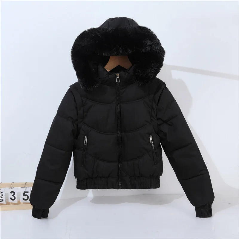 Alurea™ | Chaqueta Acolchada Corta con Capucha de Pelo y Ajuste Elástico