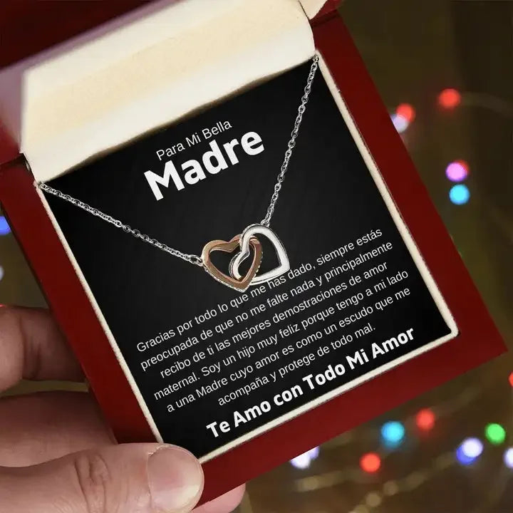 Título sugerido Collar "Para Mi Bella Madre" – Dos Corazones Entrelazados con Caja Elegante y Tarjeta Dedicatoria