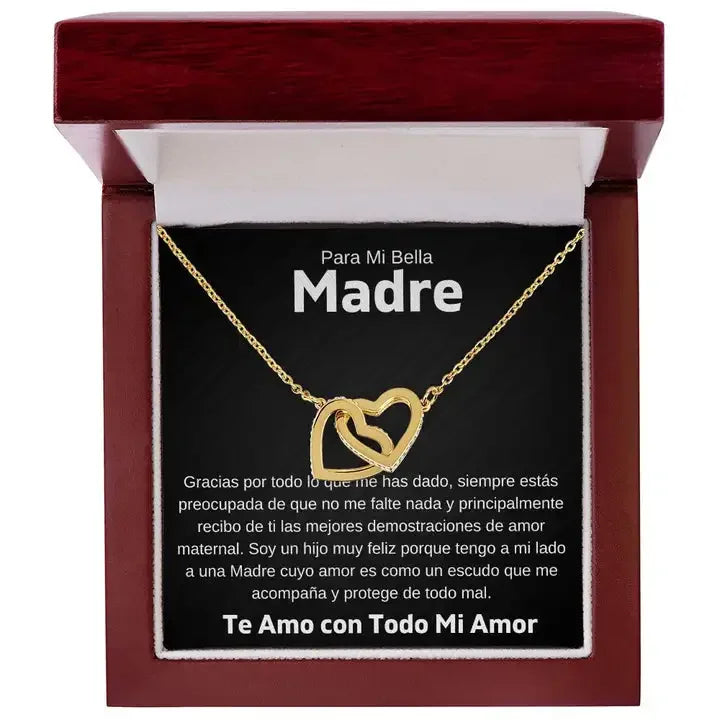 Título sugerido Collar "Para Mi Bella Madre" – Dos Corazones Entrelazados con Caja Elegante y Tarjeta Dedicatoria