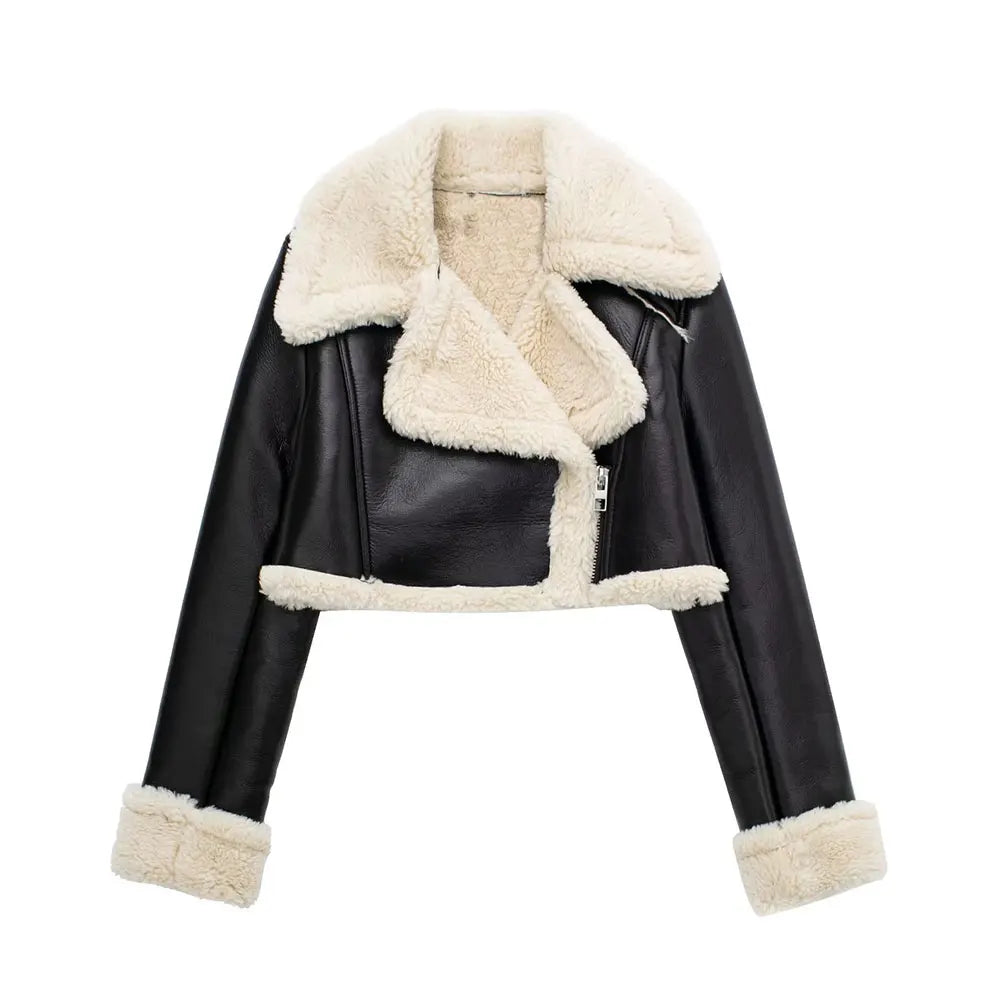 Chaqueta Biker Corta de Piel Sintética con Borrego