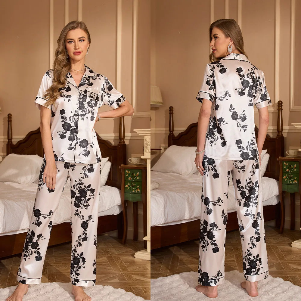 Alurea™ | Pijama de Satén de Dos Piezas con Estampado Floral y Camisa de Manga Corta