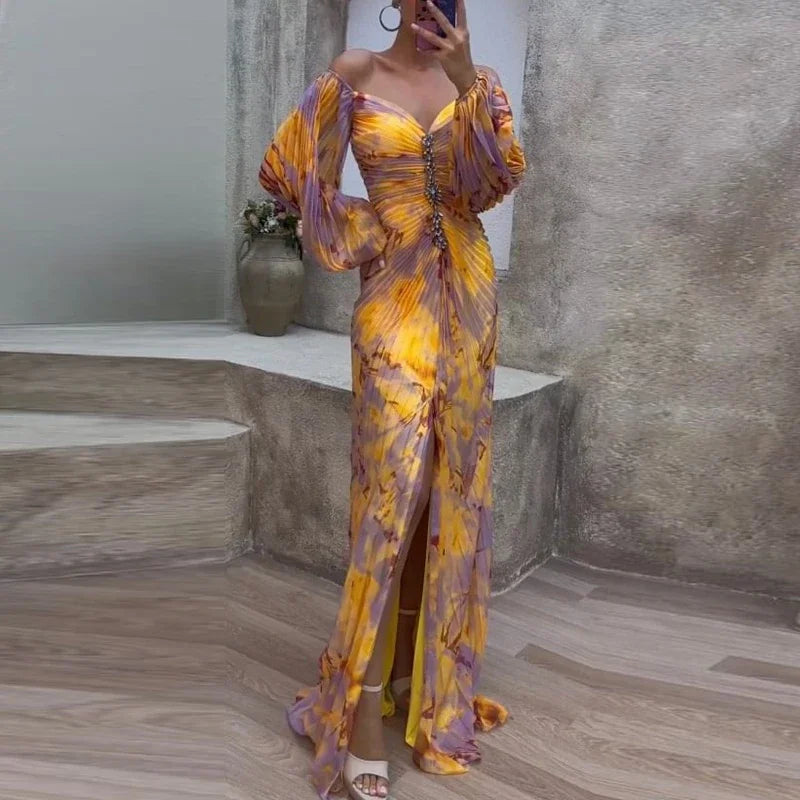 Gregoria™ | Vestido Largo Plisado con Estampado Floral y Escote en V