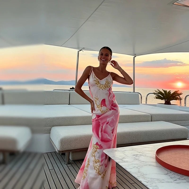 Vestido Largo Satinado Estampado para Mujer – Elegancia y Estilo Veraniego