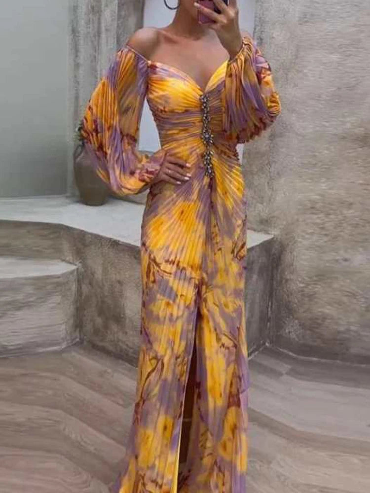 Gregoria™ | Vestido Largo Plisado con Estampado Floral y Escote en V