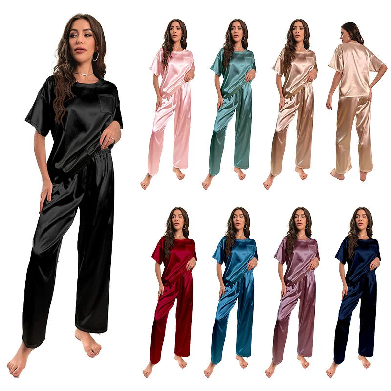 Alurea · Pijama de Satén Ice Silk de Verano (Manga Corta y Pantalón Largo)