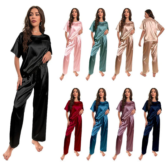 Alurea · Pijama de Satén Ice Silk de Verano (Manga Corta y Pantalón Largo)