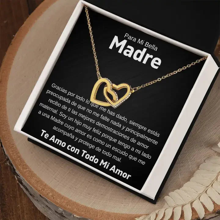 Título sugerido Collar "Para Mi Bella Madre" – Dos Corazones Entrelazados con Caja Elegante y Tarjeta Dedicatoria