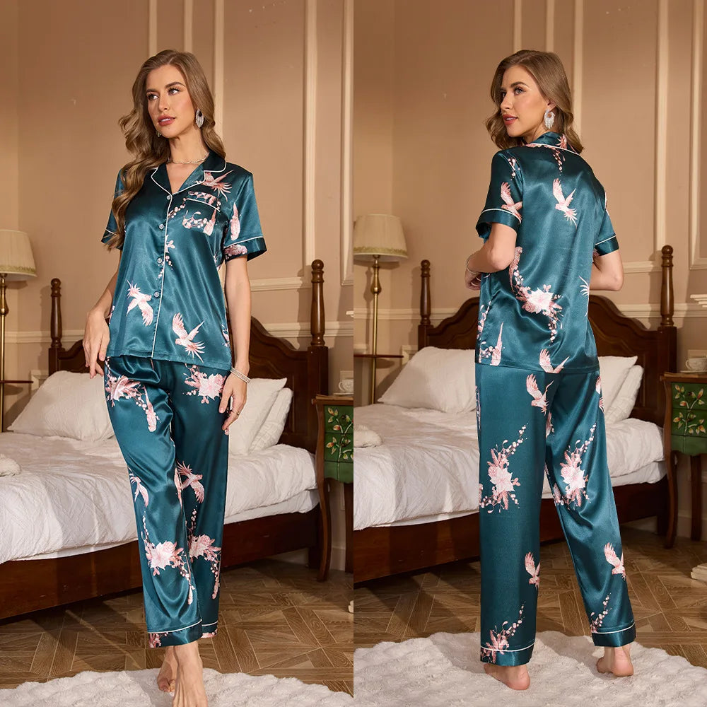 Alurea™ | Pijama de Satén de Dos Piezas con Estampado Floral y Camisa de Manga Corta