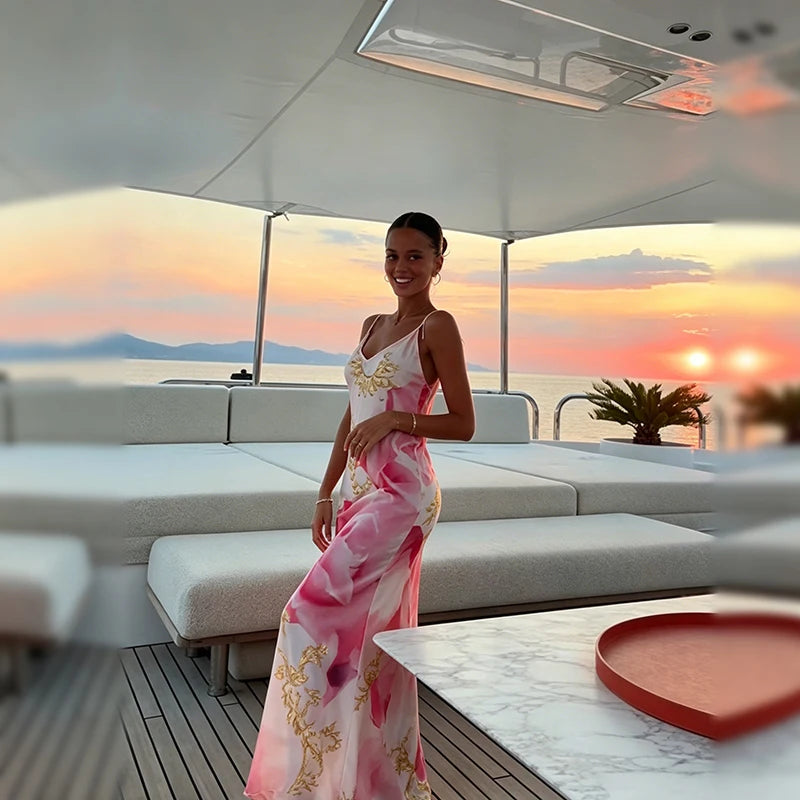 Vestido Largo Satinado Estampado para Mujer – Elegancia y Estilo Veraniego