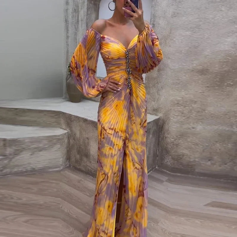 Gregoria™ | Vestido Largo Plisado con Estampado Floral y Escote en V