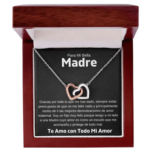 Título sugerido Collar "Para Mi Bella Madre" – Dos Corazones Entrelazados con Caja Elegante y Tarjeta Dedicatoria