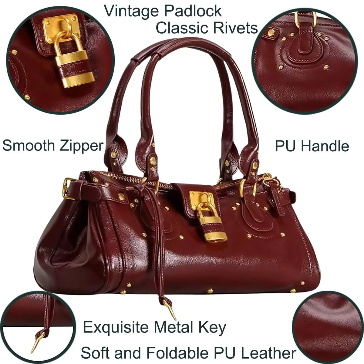 Bolso de Hombro de Piel en Negro con Candado Dorado y Tachuelas