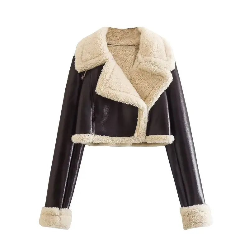 Chaqueta Biker Corta de Piel Sintética con Borrego